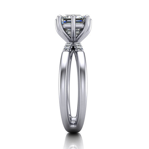 Raven square emerald solitaire engagement ring in 14K White Gold, side profile showing the accent diamonds along the dual band