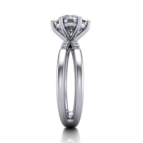 Raven round solitaire engagement ring in 14K White Gold, side profile showing the accent diamonds along the dual band