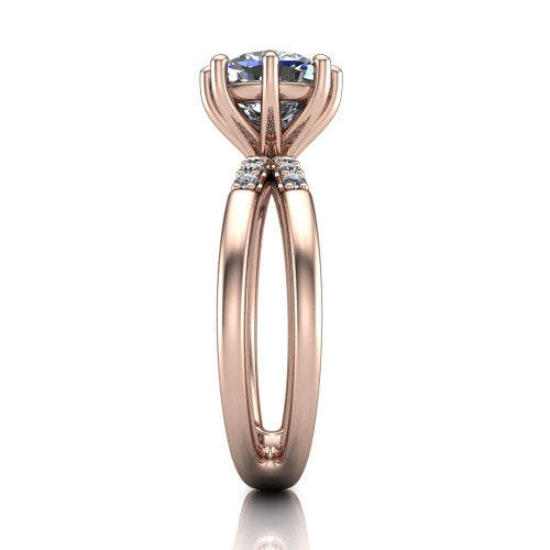 Raven cushion solitaire engagement ring in 14K Rose Gold, side profile showing the accent diamonds along the dual band