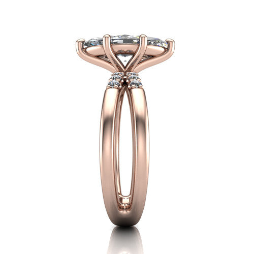Raven marquise solitaire engagement ring in 14K Rose Gold, side profile showing the accent diamonds along the dual band