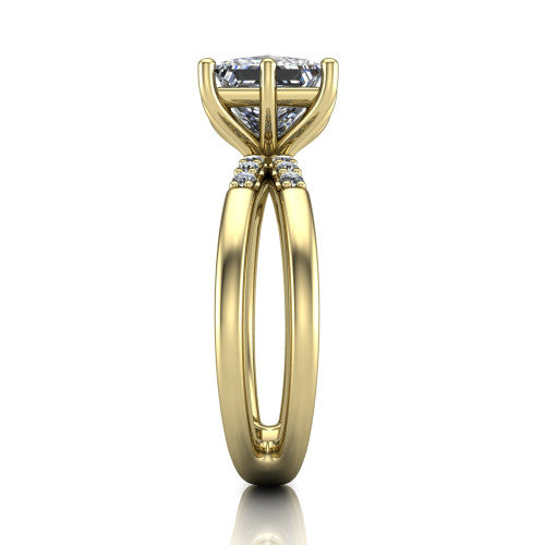 Raven princess solitaire engagement ring in 14K Yellow Gold, side profile showing the accent diamonds along the dual band