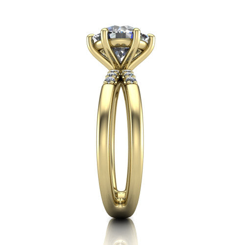 Raven round solitaire engagement ring in 14K Yellow Gold, side profile showing the accent diamonds along the dual band
