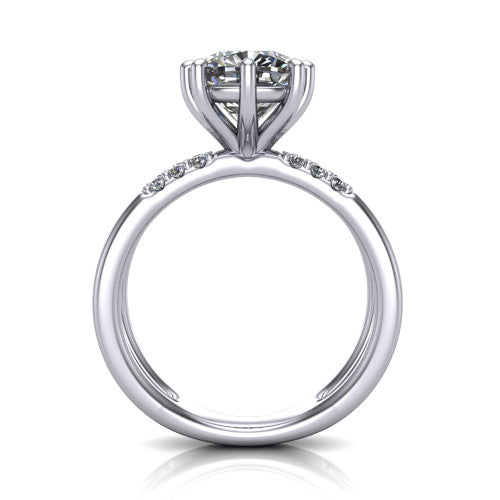Raven cushion solitaire engagement ring in Platinum, through-finger front profile showing the open split shank