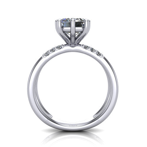 Raven emerald solitaire engagement ring in 14K White Gold, through-finger front profile showing the open split shank