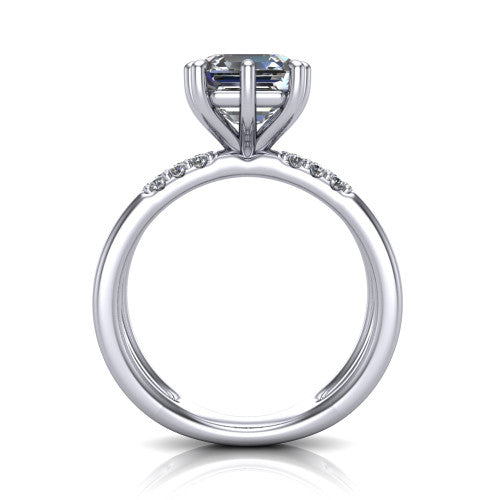 Raven square emerald solitaire engagement ring in 14K White Gold, through-finger front profile showing the open split shank