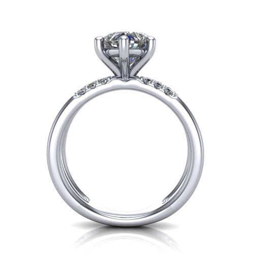 Raven heart solitaire engagement ring in 18K White Gold, through-finger front profile showing the open split shank
