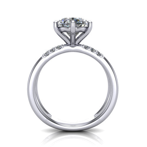 Raven oval solitaire engagement ring in 18K White Gold, through-finger front profile showing the open split shank