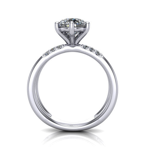Raven pear solitaire engagement ring in Platinum, through-finger front profile showing the open split shank