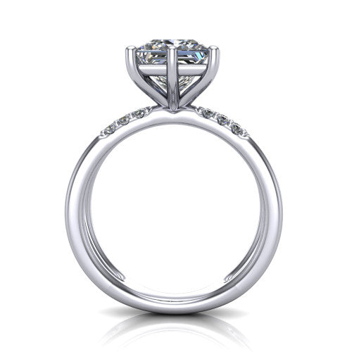 Raven princess solitaire engagement ring in Platinum, through-finger front profile showing the open split shank