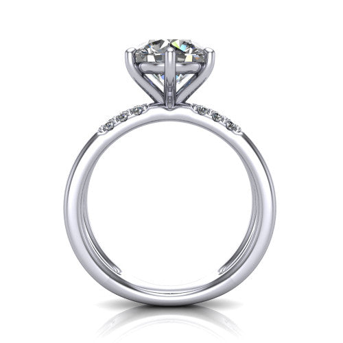 Raven round solitaire engagement ring in Platinum, through-finger front profile showing the open split shank