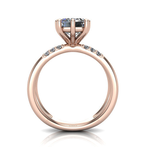 Raven emerald solitaire engagement ring in 18K Rose Gold, through-finger front profile showing the open split shank