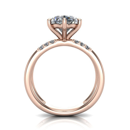Raven oval solitaire engagement ring in 14K Rose Gold, through-finger front profile showing the open split shank