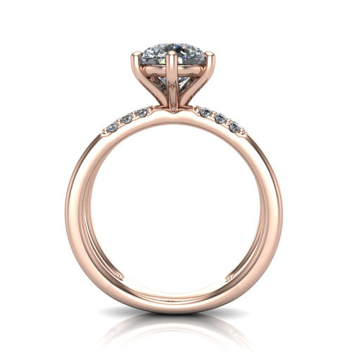 Raven pear solitaire engagement ring in 14K Rose Gold, through-finger front profile showing the open split shank