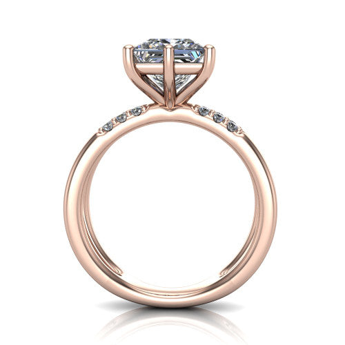 Raven princess solitaire engagement ring in 14K Rose Gold, through-finger front profile showing the open split shank