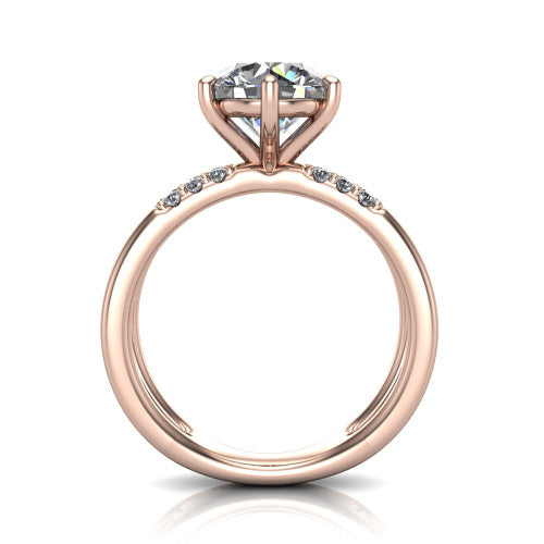 Raven round solitaire engagement ring in 18K Rose Gold, through-finger front profile showing the open split shank