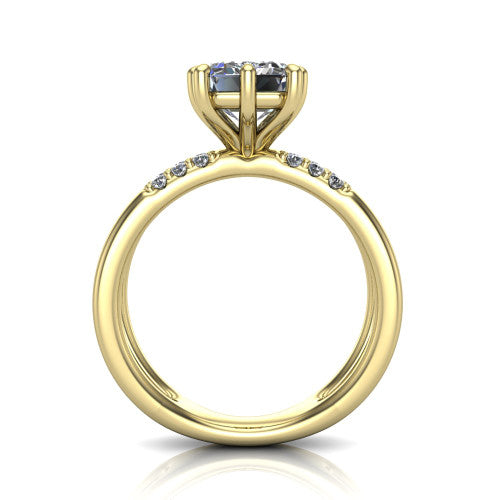 Raven emerald solitaire engagement ring in 14K Yellow Gold, through-finger front profile showing the open split shank