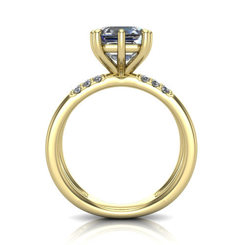 Raven square emerald solitaire engagement ring in 18K Yellow Gold, through-finger front profile showing the open split shank
