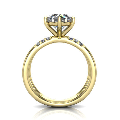 Raven round solitaire engagement ring in 18K Yellow Gold, through-finger front profile showing the open split shank