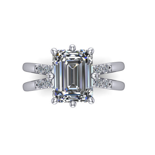 Raven emerald solitaire engagement ring in Platinum, top-down view showing the six-prong emerald center diamond and split shank