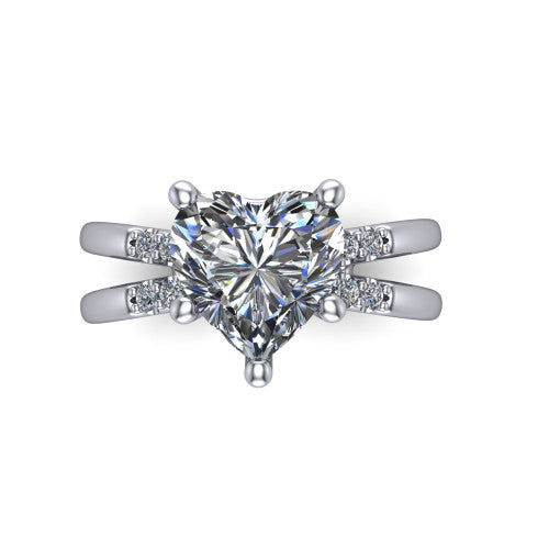 Raven heart solitaire engagement ring in 18K White Gold, top-down view showing the six-prong heart center diamond and split shank