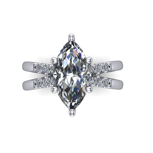 Raven marquise solitaire engagement ring in 18K White Gold, top-down view showing the six-prong marquise center diamond and split shank