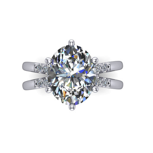 Raven oval solitaire engagement ring in Platinum, top-down view showing the six-prong oval center diamond and split shank