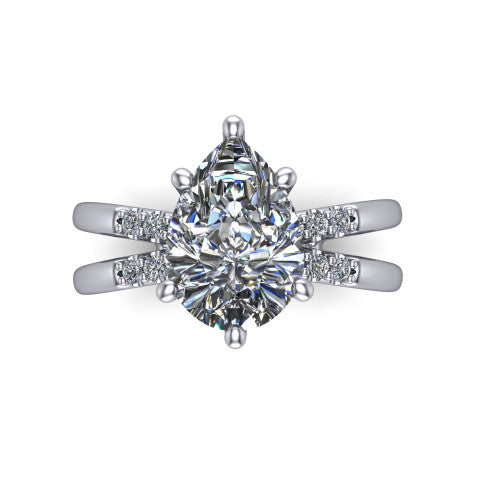 Raven pear solitaire engagement ring in 14K White Gold, top-down view showing the six-prong pear center diamond and split shank