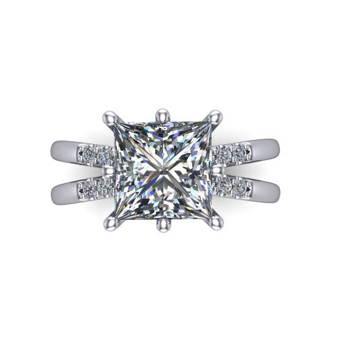Raven princess solitaire engagement ring in Platinum, top-down view showing the six-prong princess center diamond and split shank