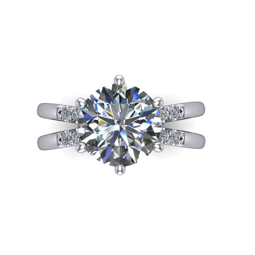 Raven round solitaire engagement ring in Platinum, top-down view showing the six-prong round center diamond and split shank