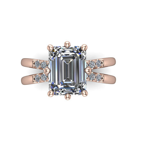 Raven emerald solitaire engagement ring in 18K Rose Gold, top-down view showing the six-prong emerald center diamond and split shank