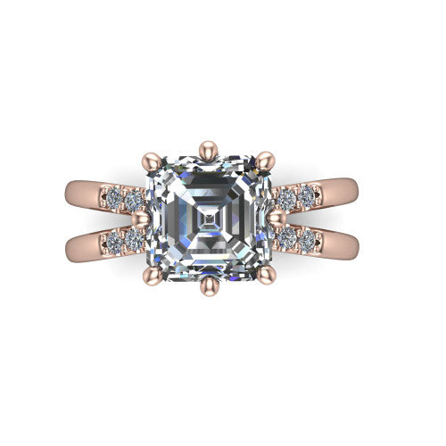 Raven square emerald solitaire engagement ring in 14K Rose Gold, top-down view showing the six-prong square emerald center diamond and split shank