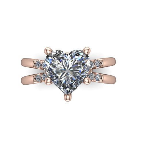Raven heart solitaire engagement ring in 18K Rose Gold, top-down view showing the six-prong heart center diamond and split shank