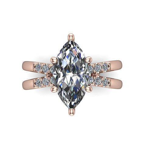 Raven marquise solitaire engagement ring in 14K Rose Gold, top-down view showing the six-prong marquise center diamond and split shank