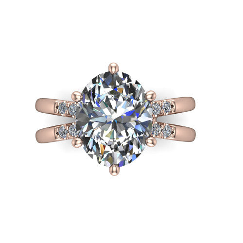 Raven oval solitaire engagement ring in 14K Rose Gold, top-down view showing the six-prong oval center diamond and split shank