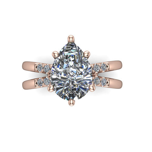 Raven pear solitaire engagement ring in 18K Rose Gold, top-down view showing the six-prong pear center diamond and split shank