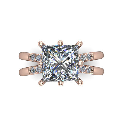 Raven princess solitaire engagement ring in 14K Rose Gold, top-down view showing the six-prong princess center diamond and split shank