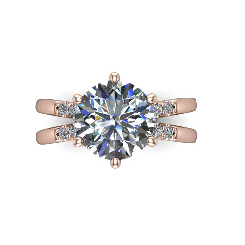 Raven round solitaire engagement ring in 18K Rose Gold, top-down view showing the six-prong round center diamond and split shank
