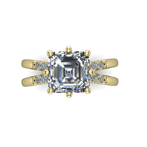 Raven square emerald solitaire engagement ring in 14K Yellow Gold, top-down view showing the six-prong square emerald center diamond and split shank