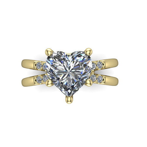 Raven heart solitaire engagement ring in 14K Yellow Gold, top-down view showing the six-prong heart center diamond and split shank