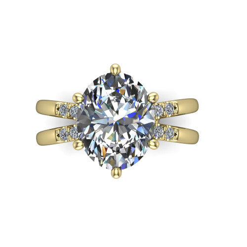 Raven oval solitaire engagement ring in 18K Yellow Gold, top-down view showing the six-prong oval center diamond and split shank