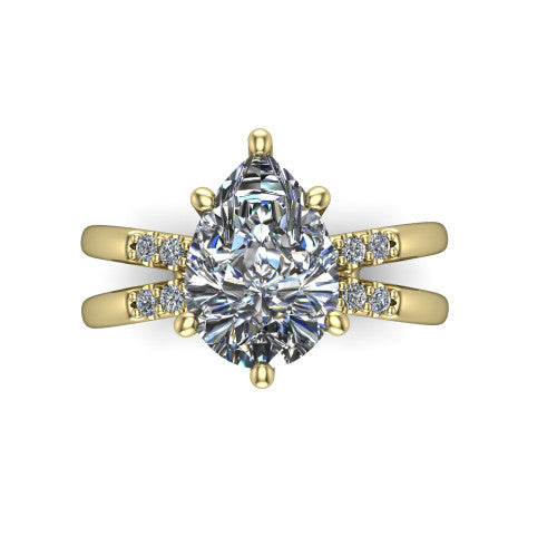 Raven pear solitaire engagement ring in 18K Yellow Gold, top-down view showing the six-prong pear center diamond and split shank