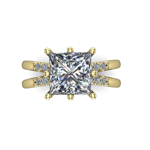 Raven princess solitaire engagement ring in 18K Yellow Gold, top-down view showing the six-prong princess center diamond and split shank