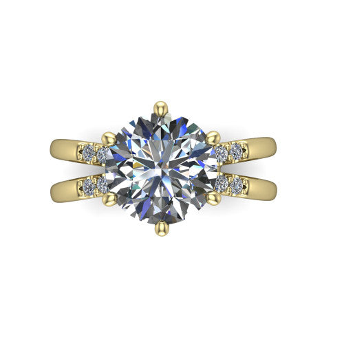 Raven round solitaire engagement ring in 18K Yellow Gold, top-down view showing the six-prong round center diamond and split shank