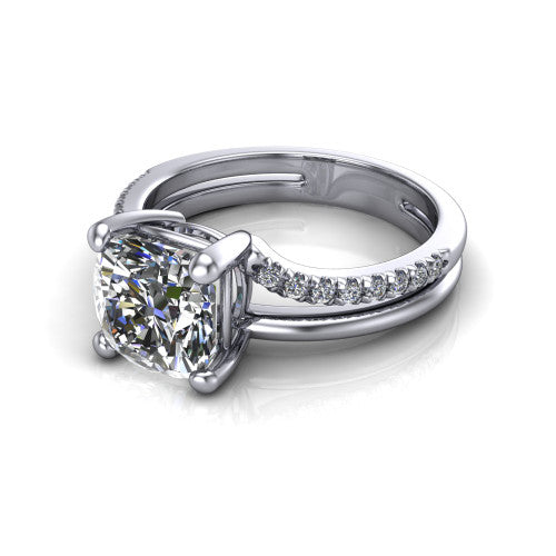 Fiona cushion solitaire engagement ring in 14K White Gold, three-quarter perspective showing the cushion center diamond above a split dual-line band