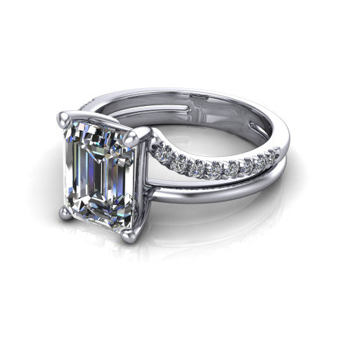 Fiona emerald solitaire engagement ring in 14K White Gold, three-quarter perspective showing the emerald center diamond above a split dual-line band