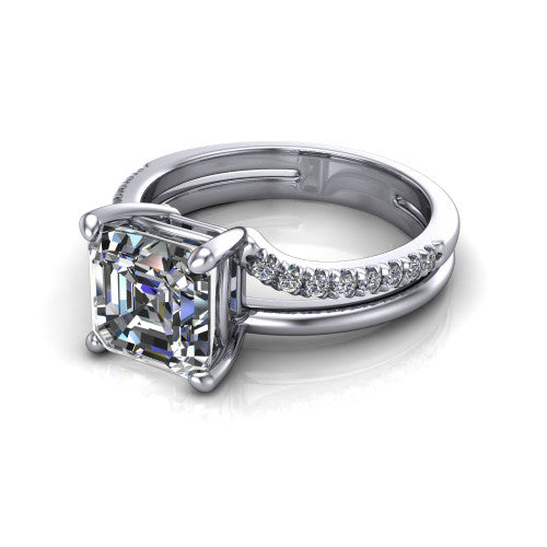 Fiona square emerald solitaire engagement ring in Platinum, three-quarter perspective showing the square emerald center diamond above a split dual-line band