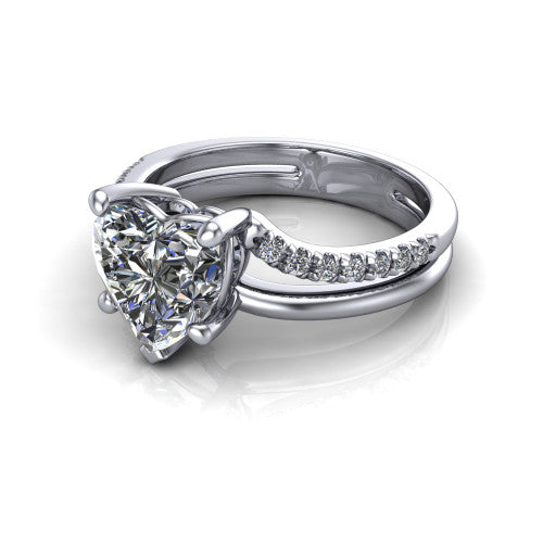 Fiona heart solitaire engagement ring in Platinum, three-quarter perspective showing the heart center diamond above a split dual-line band