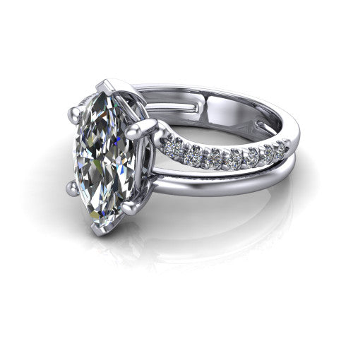 Fiona marquise solitaire engagement ring in Platinum, three-quarter perspective showing the marquise center diamond above a split dual-line band