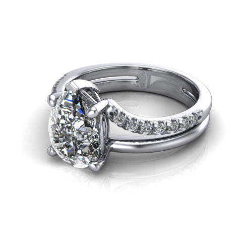 Fiona pear solitaire engagement ring in 14K White Gold, three-quarter perspective showing the pear center diamond above a split dual-line band