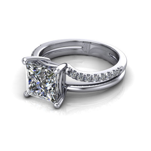 Fiona princess solitaire engagement ring in 18K White Gold, three-quarter perspective showing the princess center diamond above a split dual-line band